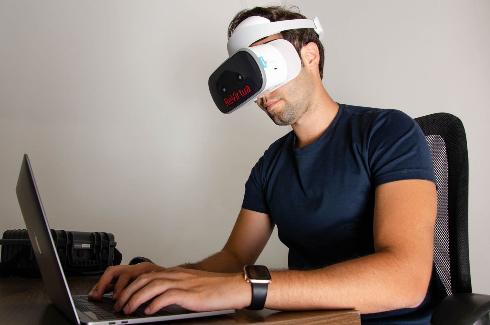Workstation with computer and virtual reality equipment