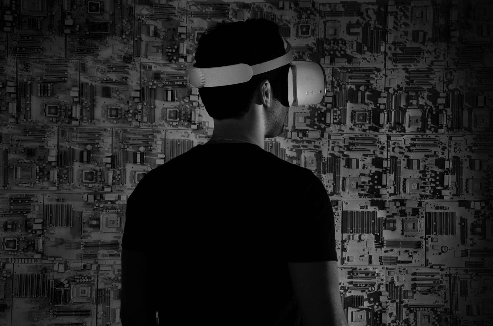 Person wearing a virtual reality headset in an immersive environment
